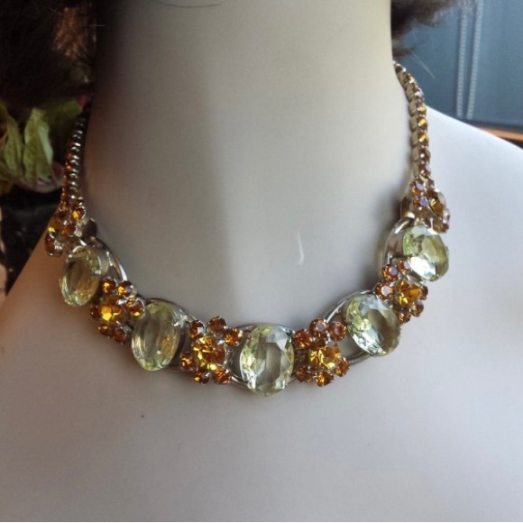Vintage citrine/yellow topaz colored glass cut stone necklace/earrings/ring